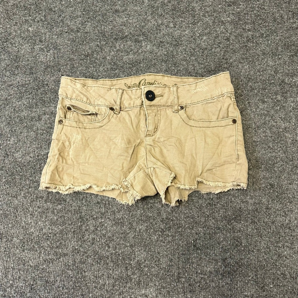Candie's Shorts Womens Size 3 Khaki Tan Denim Frayed Hem Low Rise Casual Summer
